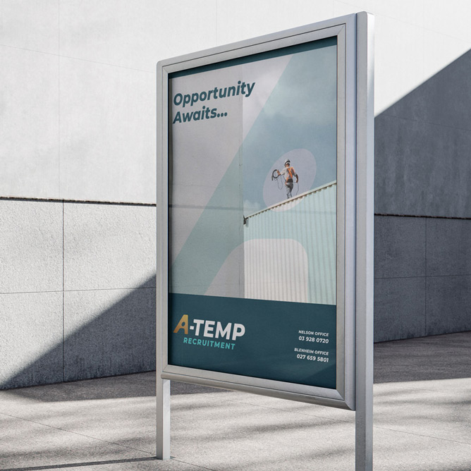 Rebranding NZ for A-Temp Recruitment, Nelson | Poster and ad campaign design