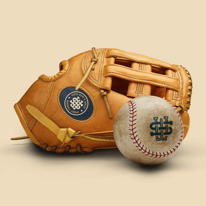 Logo design branding packages for South West and Wales Baseball League | Baseball glove and ball design